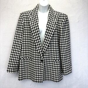 Vintage Tweed Houndstooth Blazer Jacket Womens Petite 10P Black Tan‎ Jay